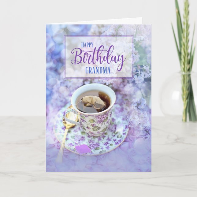 Carte Grandma Cup of Tea and Purple Flowers Anniversaire (Devant)
