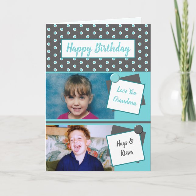 Carte Grandma gris turquoise accueil photo anniversaire (Devant)