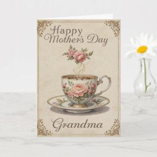 Carte Grandma Tea Cup Fête des mères Élégance Vintage