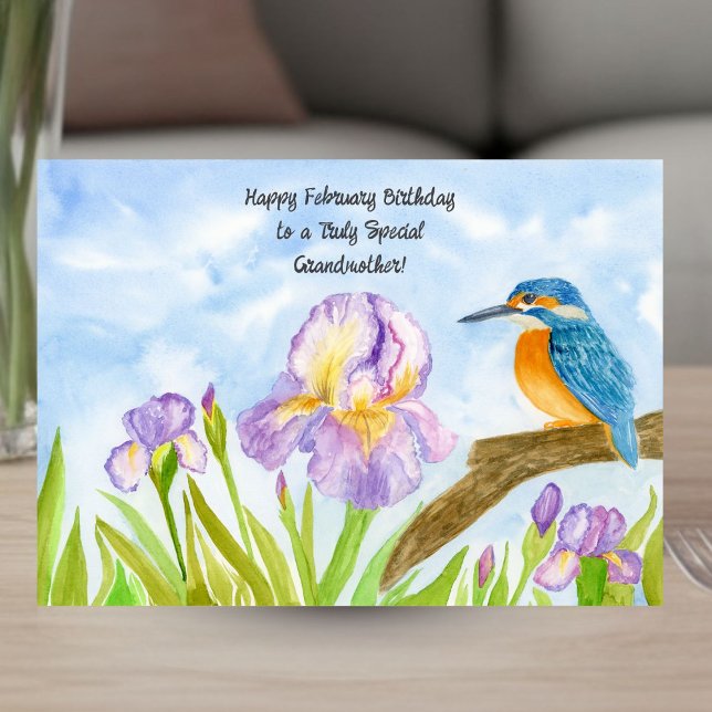 Carte Grandmother Happy February Birthday Kingfisher (Créateur téléchargé)