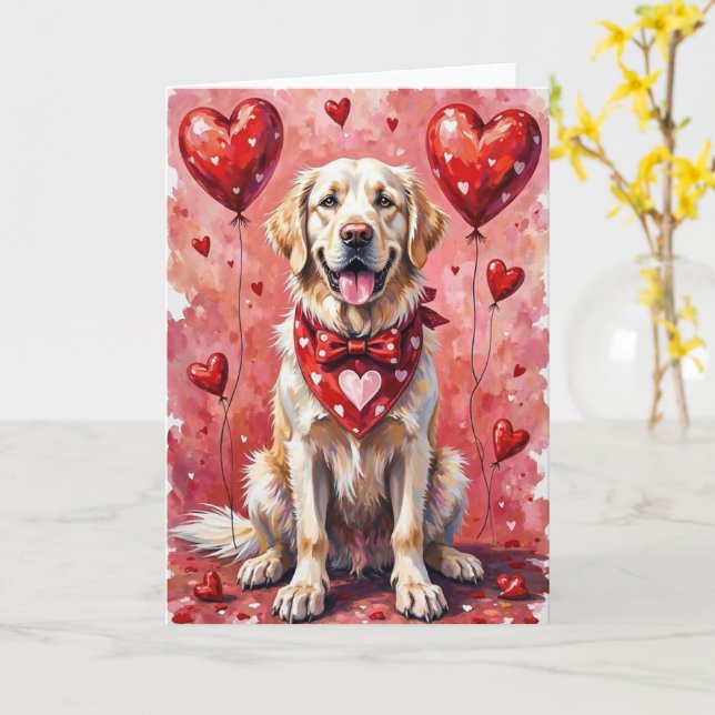 Carte Grands Pyrénées Saint-Valentin Chien aux Cœurs Rou (Fleur jaune)