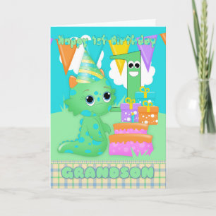 Carte Grandson 1er anniversaire mignon petit monstre
