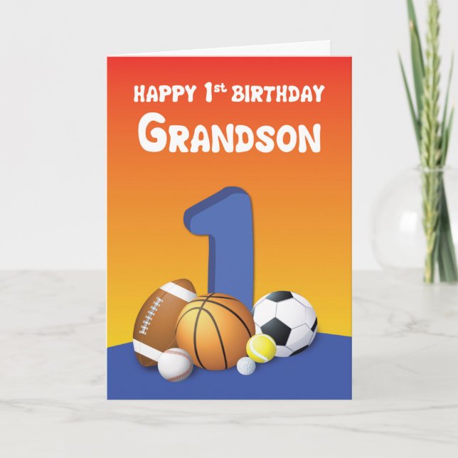 Carte Grandson 1er anniversaire Sports Balls (Devant)