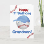 Carte Grandson 1st Birthday<br><div class="desc">This cute baseball is wearing a blue cap and has big eyes. Parfaite carte to wish grandson a Happy 1st Birthday with a baseball theme for the little boy who loves balls and baseball.</div>