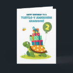Carte Grandson 2e anniversaire mignonne tortue avec des<br><div class="desc">Célébrez le 2e anniversaire de votre petit-fils avec cette adorable carte de tortue. Une tortue verte joyeuse porte une pile de cadeaux colorés tandis que de petits amis - une abeille, coccinelle et chenille - se joignent à l'amusement. Parfait pour tout enfant de deux ans amoureux de la tortue d'apporter...</div>