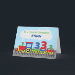 Carte Grandson 3e anniversaire Train coloré sur piste<br><div class="desc">Il est temps d’être personnel avec votre cher petit-fils une fois qu’il vient célébrer son troisième anniversaire. Cette carte avec un front personnalisable où vous pouvez personnaliser son nom serait parfait pour lui donner et le saluer d'une manière amusante.</div>