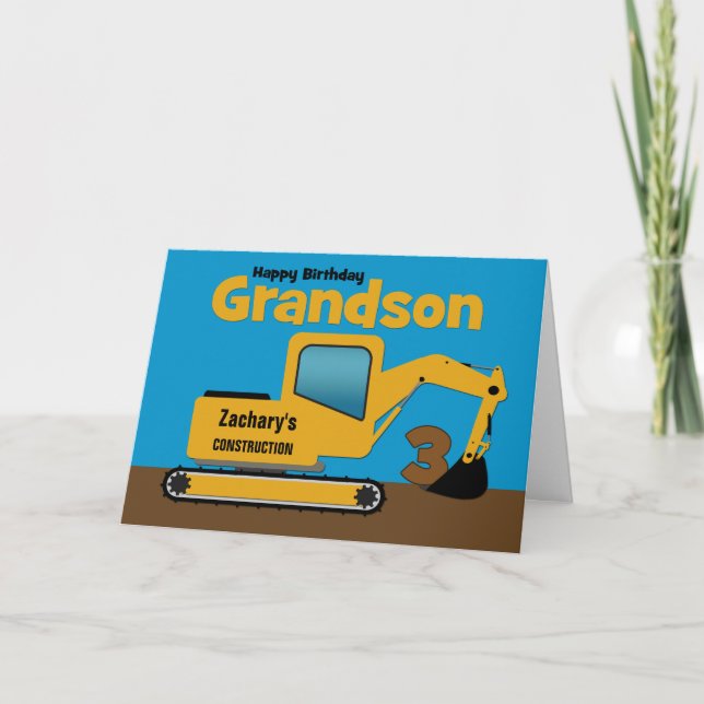 Carte Grandson 3e anniversaire Yellow Excavator Ajouter  (Devant)