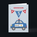 Carte Grandson 5e anniversaire Blue Police Car<br><div class="desc">Des drapeaux,  une voiture de police et le numéro cinq apparaissent sur le devant de cette carte qui a été conçu pour envoyer des salutations de 5ème anniversaire à un beau petit-fils. Fêtez avec lui bientôt avec cette carte.</div>