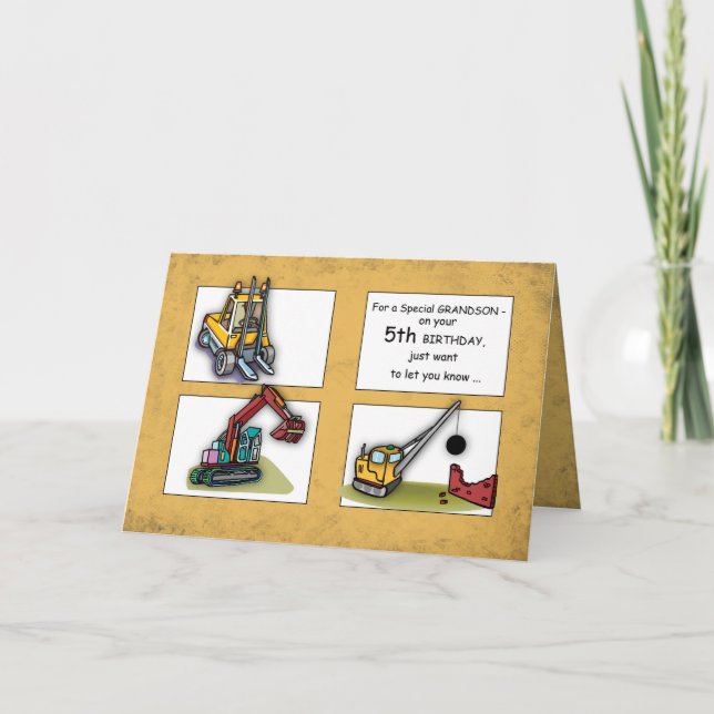 Carte Grandson 5e anniversaire, Camions (Devant)