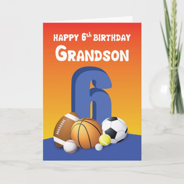 Carte Grandson 6e anniversaire Sports Balls (Devant)