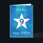 Carte Grandson 9e anniversaire Star Blue Green Aquarelle<br><div class="desc">Votre petit-fils a 9 ans, et cette carte d'anniversaire vibrante est la meilleure façon de marquer l'occasion ! Avec une belle aquarelle arrière - plan de bleus et de verts, l'étoile blanche au centre brille brillamment, entourée de lignes rayonnantes qui symbolisent sa luminosité et sa force grandissantes. Une façon parfaite...</div>