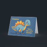 Carte Grandson Anniversaire Dinosaur Dinomite Pois<br><div class="desc">Un design d'anniversaire de dinosaure lumineux et gai créé juste pour un petit-fils spécial. Le sympathique dino bleu et orange se dresse fièrement contre un audacieux arrière - plan de pois de marine, associé au message ludique "Avoir un Anniversaire Din-o-mite !" Cette carte amusante et colorée est parfaite pour les...</div>