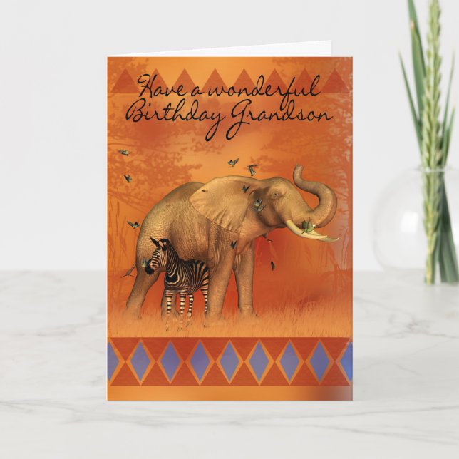 Carte Grandson Birthday Card With Elephant Butterfly And (Devant)