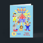 Carte Grandson Circus Clown Fun Heureux Anniversaire<br><div class="desc">Clowns et animaux de cirque super mignons,  y compris un lion,  un éléphant et des singes insolites; une telle carte ludique et colorée et facile à customiser avec un nom et des messages pour cette touche spéciale extra sans frais supplémentaires.</div>