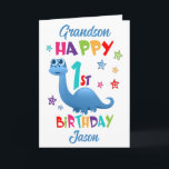 Carte Grandson Dinosaur 1er anniversaire<br><div class="desc">Une carte spéciale 1er anniversaire pour votre petit-fils ! Cette carte de premier anniversaire éclatante présente un dinosaure bleu, de jolies étoiles et un texte coloré. Un design mignon pour quelqu'un qui aura un an. Ajoutez le nom de l'enfant du 1er anniversaire à l'avant de la carte pour la customiser...</div>