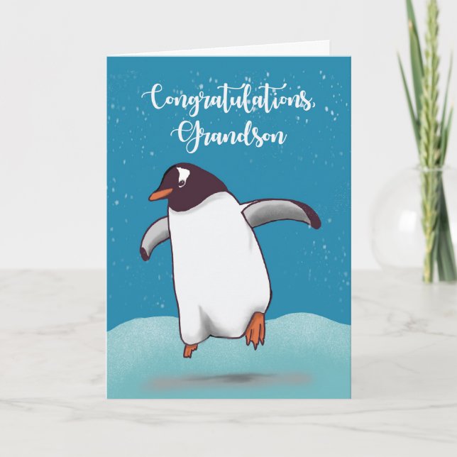 Carte Grandson Félicitations Penguin Jumping Pour La Joi (Devant)