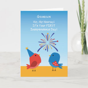 Carte Grandson First 4 juillet mignonne Birds Fireworks