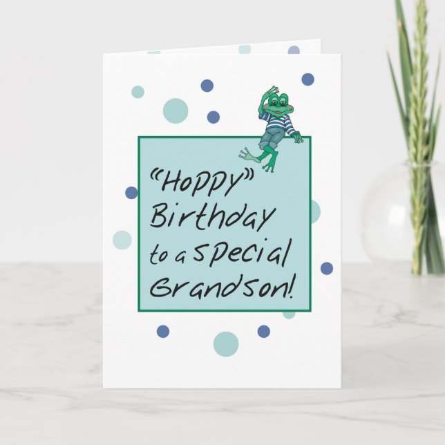 Carte Grandson Frog en Jeans, Anniversaire, Pois (Devant)