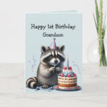 Carte Grandson Fun Raccoon 1er Anniversaire<br><div class="desc">Grandson Fun Raccoon pour le premier gâteau d'anniversaire,  animal sauvage,  art graphique nature</div>
