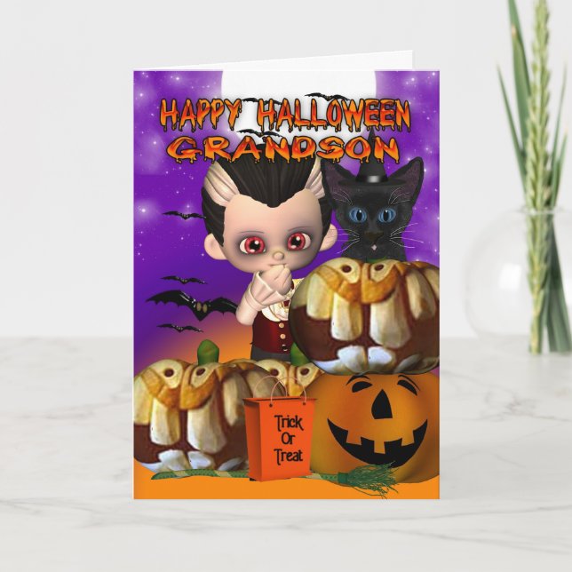 Carte Grandson Halloween vampire chat citrouille jack o  (Devant)