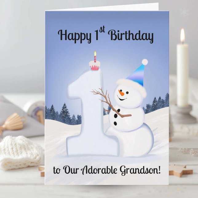 Carte Grandson Happy 1st Birthday Snowman Building One (Créateur téléchargé)