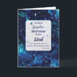 Carte Grandson Religious 22e Anniversaire Stars<br><div class="desc">Faites de l'anniversaire de votre petit-fils un événement cosmique avec cette carte personnalisée. Avec un nom et un âge personnalisables, la carte est un chef-d'oeuvre céleste sous les étoiles de nuit. L'imagerie cosmique ouvre la voie à un message d'anniversaire religieux à l'intérieur, exprimant des bénédictions sincères pour le voyage unique...</div>