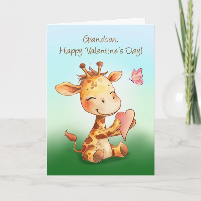 Carte Grandson Valentine mignonne joyeuse Giraffe avec c (Devant)