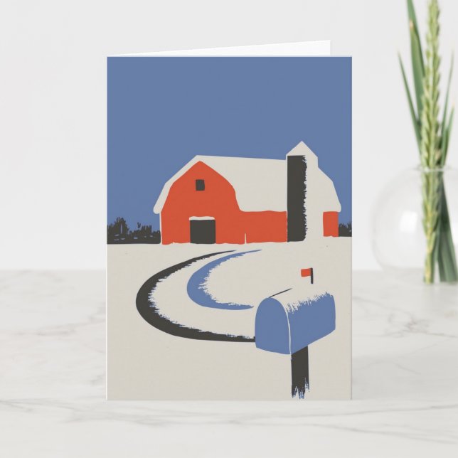 Carte Grange rouge vintage avec neige (Devant)