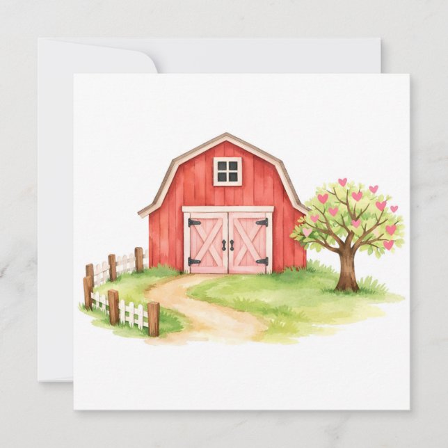 Carte Grange rustique aquarelle rouge  (Devant)