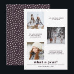 Carte Graphique minimal | Année en revue 3 photo collage<br><div class="desc">La typographie graphique audacieuse contemporaine et minimale présente trois photos carrés préférées avec des légendes personnalisées,  avec votre nom de famille et "quelle année !" en dessous,  Le dos de la carte présente une pop de couleur coordonnée (bordeaux) avec un motif vedette d'hiver Toute couleur disponible sur demande</div>