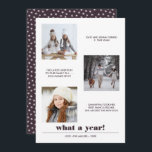 Carte Graphique minimal | Année en revue 3 photo collage<br><div class="desc">La typographie graphique audacieuse contemporaine et minimale présente trois photos carrés préférées avec des légendes personnalisées,  avec votre nom de famille et "quelle année !" en dessous,  Le dos de la carte présente une pop de couleur coordonnée (bordeaux) avec un motif vedette d'hiver Toute couleur disponible sur demande</div>