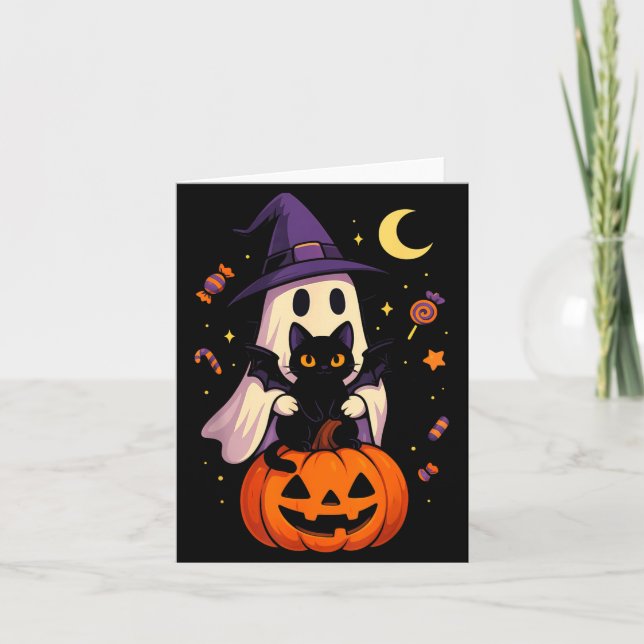 Carte Graphisme de fantôme et de chat noir Halloween vin (Devant)