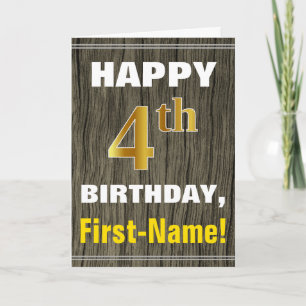 Carte Gras, Bois Faux, Or Faux 4e Anniversaire + Nom