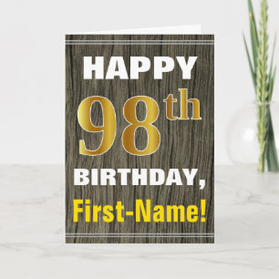 Carte Gras, Bois Faux, Or Faux 98e Anniversaire + Nom