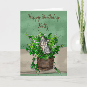 Carte Gray Kitten assis dans un pot de navet Anniversair