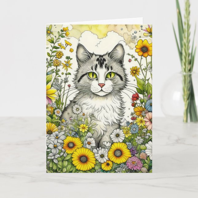 Carte Gray Kitty Chat assis en Fleurs Anniversaire (Devant)