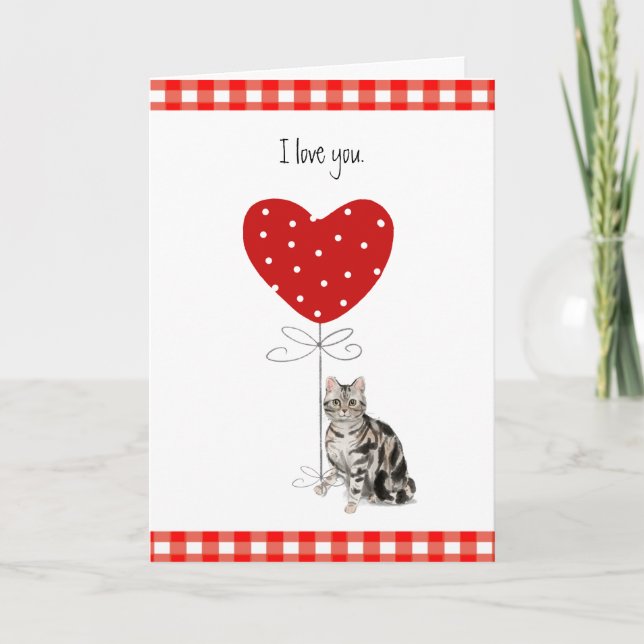 Carte Gray Valentine Chat avec ballon de coeur Rouge et  (Devant)