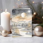 Carte Gray Watercolor Mountain River Snowman Noël<br><div class="desc">Carte de Noël Snowman de la rivière Mountain River gris aquarelle. Cette belle carte de minuit en montagne offre un superbe design de ciel nocturne, avec "Seasons Greeting" élégamment affiché sur le devant. L'intérieur peut être personnalisé avec vos propres salutations et noms de famille. Ses teintes dorées et grises, ses...</div>