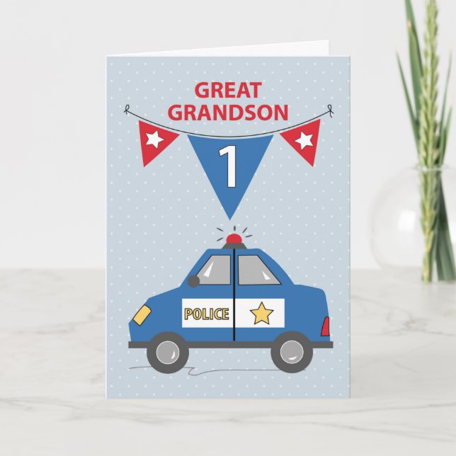 Carte Great Grand-fils 1er anniversaire Blue Police Car (Devant)