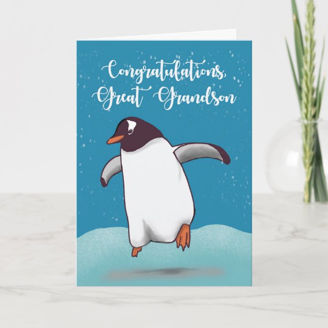 Carte Great Grand-fils Félicitations Penguin Jumping Joy (Devant)