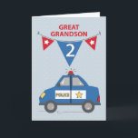 Carte Great Grandson 2e anniversaire Blue Police Car<br><div class="desc">Se précipitant pour apporter des salutations d'anniversaire, cette voiture de police bleue ravira sûrement votre arrière petit-fils à son 2ème anniversaire. À l'âge de deux ans, les voitures et les véhicules d'urgence seront reconnus et aimés. Un drapeau de canne, âgé de 2 ans, est accroché au-dessus de la voiture de...</div>