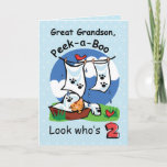 Carte Great Grandson, 2e anniversaire, Peek-a-Boo Kitten<br><div class="desc">Une jolie illustration d'un chaton se cachant et jouant à peek-a-boo est montrée sur une carte bleue. Parfait pour lui envoyer avec vos souhaits à l'âge de deux ans,  2 !</div>