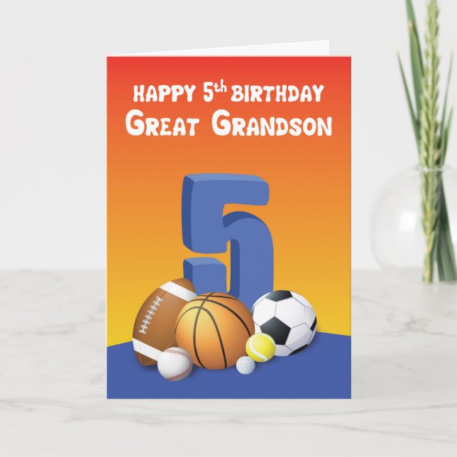 Carte Great Grandson 5e anniversaire Sports Balls (Devant)