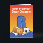 Carte Great Grandson 6e anniversaire Sports Balls<br><div class="desc">Faites un salut d'anniversaire amusant pour votre arrière-petit-fils. Surprenez-le avec cette carte à son 6ème anniversaire. Six boules de sport assorties sur le devant représentent chaque année de son âge.</div>