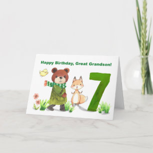 Carte Great Grandson 7e anniversaire aquarelle ours Fox