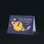 Carte Great Grandson 7e anniversaire Planètes dans l'esp<br><div class="desc">7 ans est hors de ce monde,  surtout quand c'est ton arrière petit-fils ! Bateau à fusée,  planètes et étoiles remplissent à l'avant de la carte avec le message que vous comptez pour dire Joyeux Anniversaire!</div>