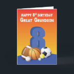 Carte Great Grandson 8e anniversaire Sports Balls<br><div class="desc">À un jeune âge,  vous pouvez voir votre arrière petit-fils fleurir en un bon joueur de balle. Encouragez-le davantage à vivre son rêve en lui donnant cette carte à son 8e anniversaire. Il y a aussi un message amusant à l'intérieur duquel il va sûrement rire.</div>