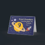 Carte Great Grandson 9e anniversaire Planètes dans l'esp<br><div class="desc">Turning 9 est hors de ce monde,  surtout quand c'est votre arrière petit-fils! Bateau à fusée,  planètes et étoiles remplissent à l'avant de la carte avec le message que vous comptez pour dire Joyeux Anniversaire!</div>