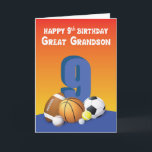 Carte Great Grandson 9e anniversaire Sports Balls<br><div class="desc">Au milieu de la carte se trouve le numéro neuf entouré d'une collection de balles de sport. Cette carte est destinée à accueillir votre arrière-petit-fils pour un heureux 9e anniversaire quand le jour de la célébration arrive enfin.</div>