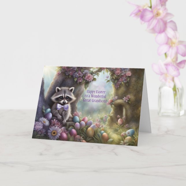 Carte Great Grandson Cute Raccoon Happy Easter  (Orchidée)